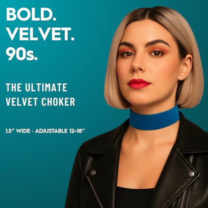 Velvet Choker for Women, Wide 1.5" 90s Ribbon Adjustable 12–18" with Stainless Steel Clasp, Soft Skin-Friendly Velvet — Black - color: Blue
