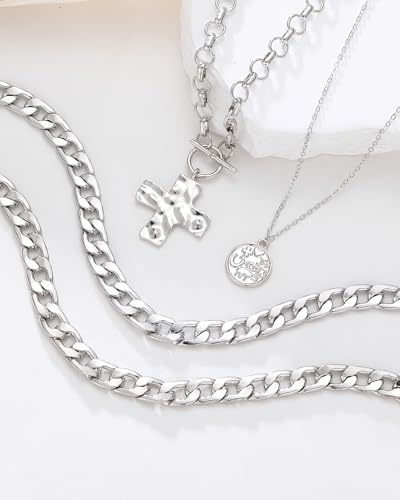 MJartoria Layered Necklaces for Women Trendy Retro Coin and Cross Pendant Necklace Dainty Chunky Chain Necklaces for Jewelry Birthday Gifts - color: Silver
