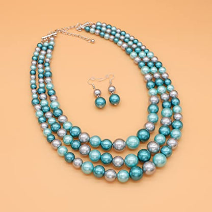 Chunky Layered Imitation Pearl Necklace for Women 3 strand Pearl Necklaces Faux Pearl Necklace Earrings Set 1920s Flapper Gatsby Costume Accessories - color: 3 strand pearl necklace blue grey