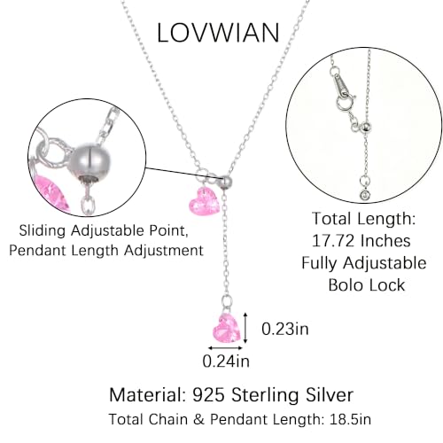 925 Sterling Silver Dainty Cubic Zirconia Lariat Heart Necklace for Women | 14k Gold Plated Cute Pink Crystal Love Heart Pendant Necklaces Adjustable Diamond Y Shaped Drop Chain Necklace Jewelry Gift - color: Silver
