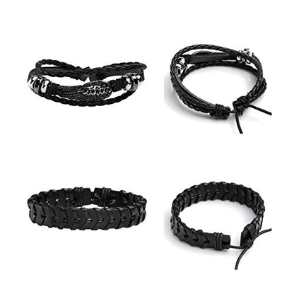 5 Pcs Braided Leather Bracelets for Men Women Woven Cuff Bracelet Adjustable - color: Black(Engraved)