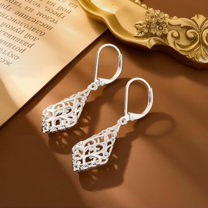 BOUTIQUELOVIN Filigree Dangle Earrings for Women Drop Earings | 14K Gold Plated Geometric Dangling Leverback Earrings Silver Hypoallergenic Dangly Earings Lightweight Daily Jewelry Gifts - color: A-Silver