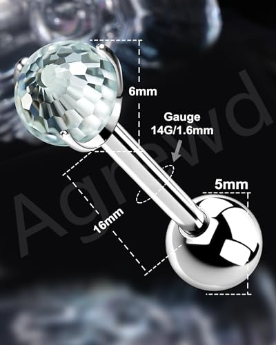 G23 Solid Titanium Tongue Rings, 14G Titanium Tongue Piercing Jewelry, 16MM Internally Thread Tongue Barbell - color: Silver