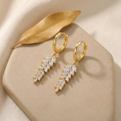 Sonateomber Christmas Tree Dangle Small Gold Hoop Earrings for Women, Cute Sparkly CZ Rhinestone Maple Clover Leaf Drop Earings Thanksgiving Holiday Accessories Fashion Jewelry Gift - color: Leaf Marquise