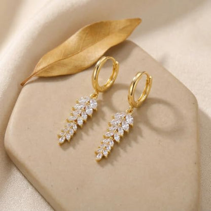 Sonateomber Christmas Tree Dangle Small Gold Hoop Earrings for Women, Cute Sparkly CZ Rhinestone Maple Clover Leaf Drop Earings Thanksgiving Holiday Accessories Fashion Jewelry Gift - color: Leaf Marquise