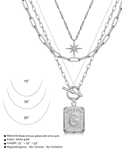 MJartoria Layered Initial Necklaces for Women | 14K Gold Plated Brass, Star Choker, Square Letter Pendant, Paperclip Chain - color: Silver, style: G