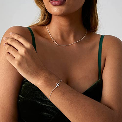 14K Gold Plated Handmade Dainty Dot Bracelet Cute Thin Everyday Bracelets for Women Men Size 6.5"+2" Extender - color: Cross:White Gold