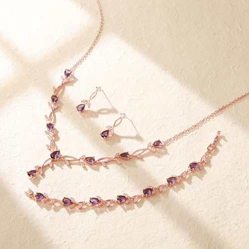 Crysdue Wedding Jewelry Set for Brides Bridesmaid, Cubic Zirconia Teardrop Marquise Leaf Cluster Pendant Necklace Bridal Tennis Bracelet Drop Earrings for Women Party Prom - style: A- CZ set-purple, rose gold