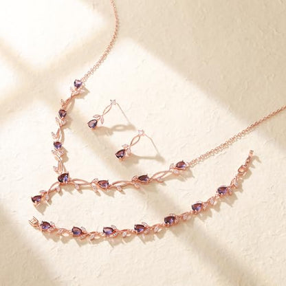 Crysdue Wedding Jewelry Set for Brides Bridesmaid, Cubic Zirconia Teardrop Marquise Leaf Cluster Pendant Necklace Bridal Tennis Bracelet Drop Earrings for Women Party Prom - style: A- CZ set-purple, rose gold