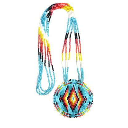 Handmade Native American Style Tribal ethnic Seed Bead Beaded Layered Medallion Necklace - color: Sky-Blue Geometric