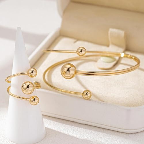 Rrdaily Layered Gold Plated Sphere Spiral Bangle Rings Set for Women,Open Twisted Geometric Wrist Cuff Bracelets Punk Party Accessories Trendy Jewelry Present