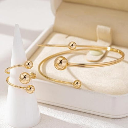 Rrdaily Layered Gold Plated Sphere Spiral Bangle Rings Set for Women,Open Twisted Geometric Wrist Cuff Bracelets Punk Party Accessories Trendy Jewelry Present