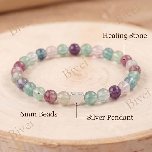 Bivei Crystal Stretch 6mm Bracelets for Women | Handmade Natural Stone Beaded Stretch Bracelet, Stainless Steel Heart Bead, Tranquility Yoga Gift Jewelry for Women - color: Fluorite - Cleansing
