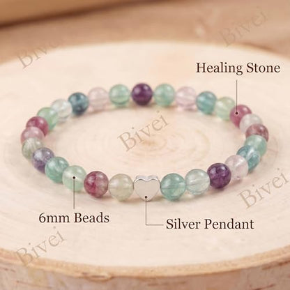 Bivei Crystal Stretch 6mm Bracelets for Women | Handmade Natural Stone Beaded Stretch Bracelet, Stainless Steel Heart Bead, Tranquility Yoga Gift Jewelry for Women - color: Fluorite - Cleansing