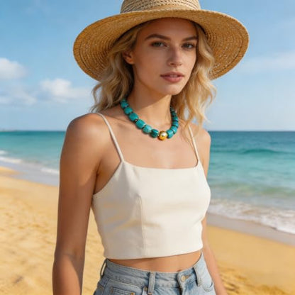 Colorful Statement Chunky Beaded Necklace for Women Trendy Y2K Boho Choker | Large Square Resin Beads Bold Summer Vacation Jewelry - color: Turquoise