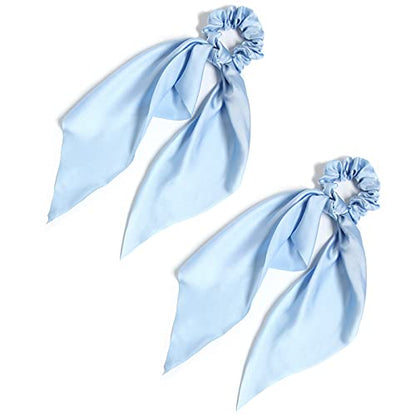 Pack of 2 Knotted Bow Hair Scrunchies Elastic Hair Scarf Hair Ties Bands Satin Hair Ribbon Scrunchy Ponytail Holder for Women and Girls,Hair Scarf Scrunchies with Tail, Hair Accessories (Light Blue) - color: Light blue
