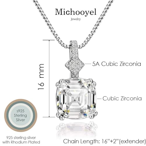 Michooyel S925 2ct Cubic Zirconia/Morganite Asscher Cut Pendant Necklace Sterling Silver Gemstone Necklace for Women - color: Cubic Zirconia