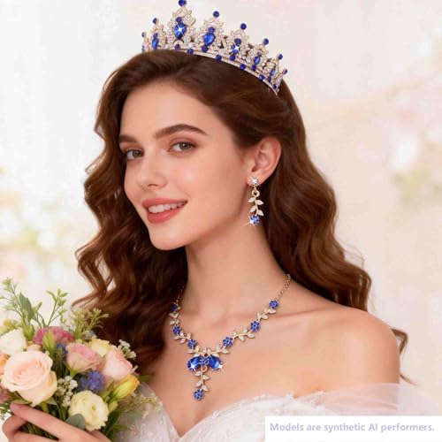 Kamirola Tiaras and Crowns for Women,Tiaras Earrings Necklace, Crystal Bridal Jewelry Set, Costume Party Halloween Prom Pageant Jewelry for Women(TR45) - color: Gold Blue