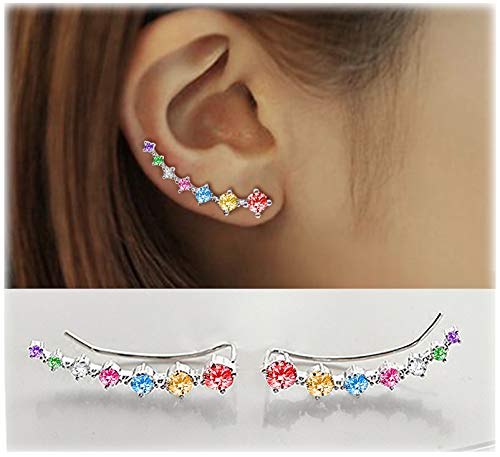 CZ Stud Earrings 925 Sterling Silver 18K Gold Plated Round Cubic Zirconia Hypoallergenic Set - color: Colorful
