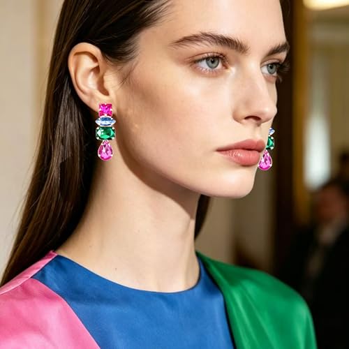 Dainty Sparkly Crystal Square Teardrop Circle Dangle Drop Earrings Long Chic Glitter Rhinestones Geometry Stud Earrings For Women - style: Rose Red Blue Green