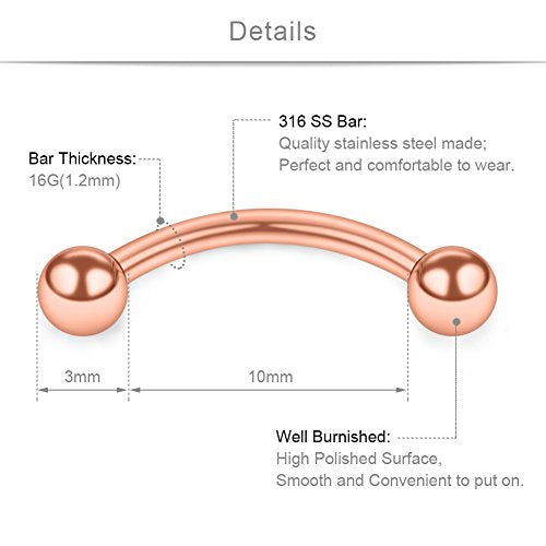 SCERRING 16 Gauge 10mm Curved Barbell Eyebrow Belly Lip Tragus Ring Piercing Jewelry - color: 6PCS - Rose Gold