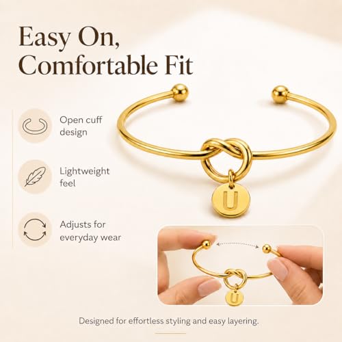 LemonRose Initial Bracelets for Women - Dainty Tie the Knot Letter A-Z 14K Gold Plated for Women Gold Cuff Bracelet for Womens Jewelry Personalized Bridesmaid Proposal Gifts - color: Gold U