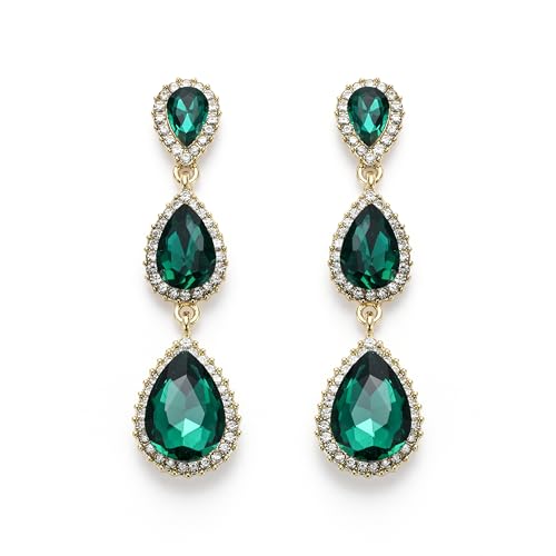 EleQueen Women's Crystal Teardrop Pear Shape 2.5 Inch Long Earrings | Dangle Earrings for Women, TearDrop Crystals Earrings for Bride Bridesmaid, Prom Jewelry for Wedding - color: 01-Emerald Color
