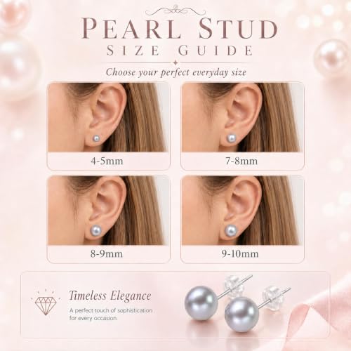 Cultured Pearl Stud Earrings for Women, Sterling Silver Hypoallergenic Gift - color: Gray, size: 8mm