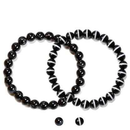 2PCS Agate Bracelet for Women Men Natural Round Beaded Agates Stone Healing Stretch Bracelets Elastic Handmade Polished Gemstone Beads Bracelet - color: Black White+Matte, size: 8mm Beads