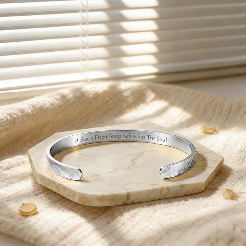 Inspirational Bible Verse Cuff Bracelet for Women, 18K Gold Plated Hammered Bangle, Christian Faith Jewelry Gift, Adjustable Non Tarnish - color: A sweet friendship refreshes the soul-Hammered Silver