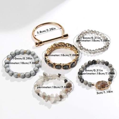 Yomisa Boho Beaded Bracelets/Bangle for Women,Multilayer 5/6/7PCS Healing Natural Handmade Stone Bead Bracelets Stackable Stretch Friendship Beaded Bracelet Set Trendy Western Bohemian Jewelry Gift - color: 6pcs-Gray&silver