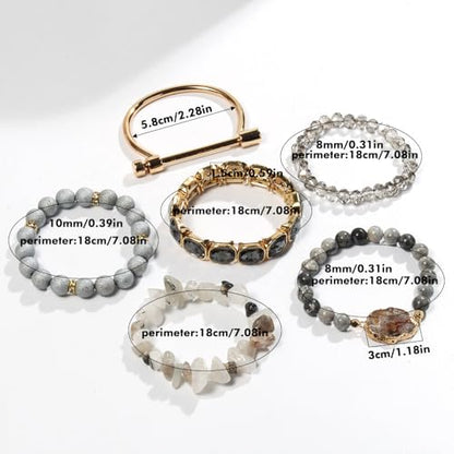 Yomisa Boho Beaded Bracelets/Bangle for Women,Multilayer 5/6/7PCS Healing Natural Handmade Stone Bead Bracelets Stackable Stretch Friendship Beaded Bracelet Set Trendy Western Bohemian Jewelry Gift - color: 6pcs-Gray&silver