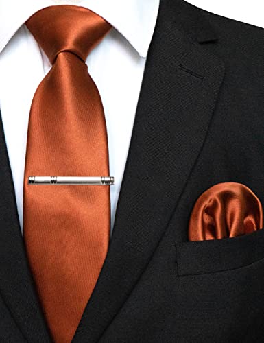 JEMYGINS Mens Solid Color Formal Necktie and Pocket Square, Tie Clip Sets - color: Rust