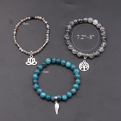 Tree of Life Yoga Healing Stone Bracelets,Multilayer Lotus Chakra Stone Reiki Bracelet Sets,Anxiety Crystal Natural Stone,for Women Stress Relief - style: Dragon's Vein Agate+apatite