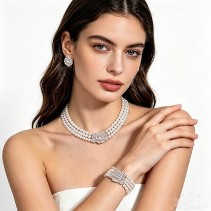 Multi Layer Bridal Jewelry Set Faux Pearl Necklace Earrings Bracelet Rhinestone Floral Choker Prom Necklace for Wedding bridal Bridesmaid (3 Piece)