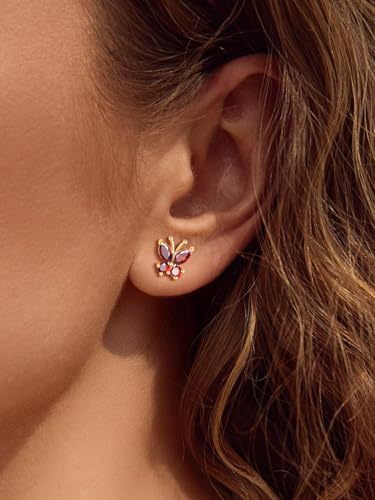 Suplight Butterfly Stud Earrings 925 Sterling Silver 14K Gold Brithstone Earrings for Women Brithstone Jewelry Gifts - color: 01.January ( Garnet), size: Gold