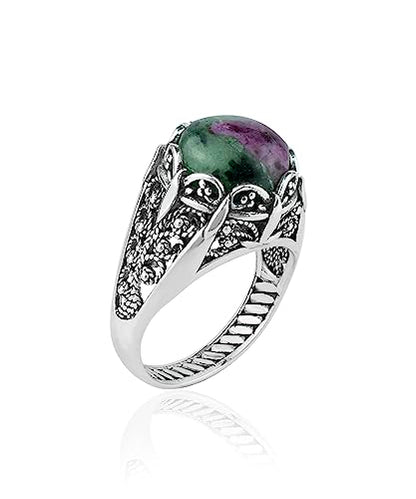 Filigranist 925 Sterling Silver Filigree Art Women Mini Dome Cocktail Ring with Gemstone, Gift Boxed - color: Ruby Zoisite