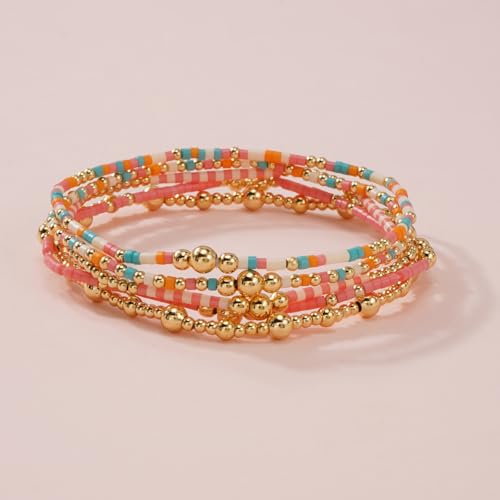 14K Gold Plated Beaded Bracelets Stack Set for Women,Stretch Boho Ball Jewelry Friendship Trendy - color: Gold pink