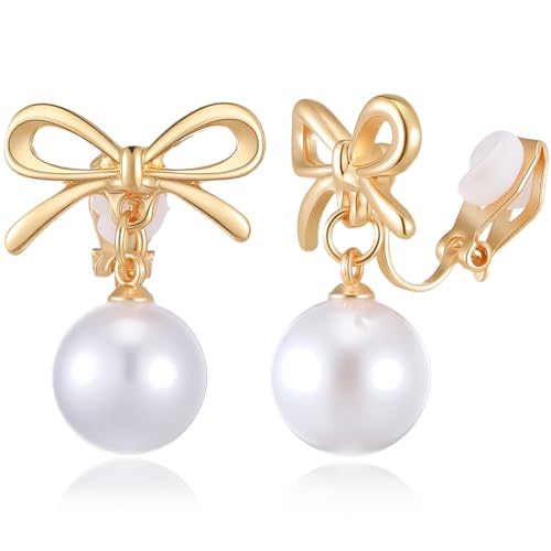 Lusofie Gold Pearl Clip On Earrings for Women Bow Pearl Drop Clip Earrings | Lightweight Non Pierced Hoop Ear Clips for Wedding Bridal