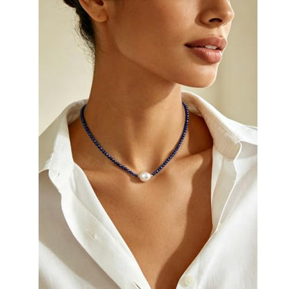 Single Pearl Choker Pendant Necklaces for Women, Natural Gemstone Womens Black Stone Beaded Choker Necklace, Dainty Round Freshwater Pearl Handmade Jewelry Gift Women Birthday Bridesmaids Anniversary 16 18 inch - color: 06-Lapis Lazuli, size: 18"