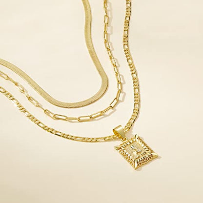 KissYan Gold Layered Initial Necklace Set for Women | 14K Gold/White Gold Plated Letter Pendant with Paperclip Snake Figaro Choker Chain, Alphabets from A-Z Jewelry Gifts - color: 3PCS, style: S