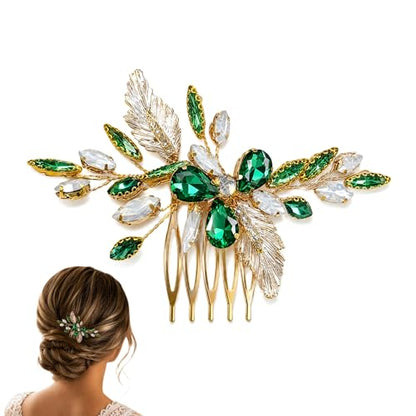 Emerald Green Hair Accessories for Women Crystal Leaf Bridal Side Comb Wedding Hair Piece with Gold Tone Design Elegant Clip for Prom Party Bridesmaid Formal Events