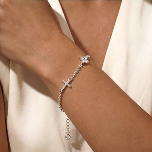 Bracelets for Women, Dainty Gold Silver Ring Bracelet Hand Chain | Cubic Zirconia Pearl Charms, 14K Gold Plated, Adjustable Fit, Trendy Stackable Link Chain, Waterproof Jewelry, Gift for Her - color: Silver-cross+clover charm bracelet