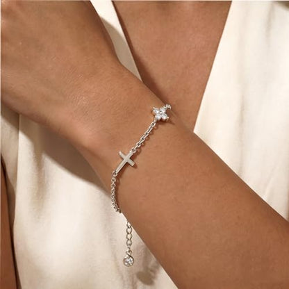 Bracelets for Women, Dainty Gold Silver Ring Bracelet Hand Chain | Cubic Zirconia Pearl Charms, 14K Gold Plated, Adjustable Fit, Trendy Stackable Link Chain, Waterproof Jewelry, Gift for Her - color: Silver-cross+clover charm bracelet