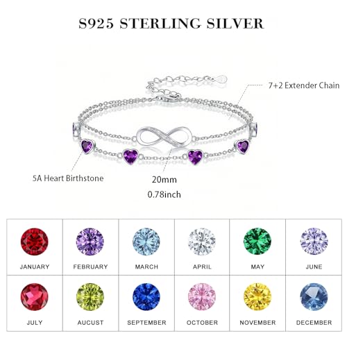 Prismata Infinity Birthstone Charm Link Bracelet/Anklet 925 Sterling Silver Adjustable 12 Months Birthstone Infinity Bracelet/Anklet Birthday Jewelry Gifts for Women Her - color: 02-February, size: 7'+2' Bracelet