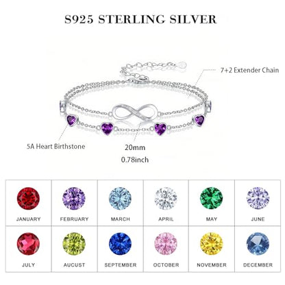 Prismata Infinity Birthstone Charm Link Bracelet/Anklet 925 Sterling Silver Adjustable 12 Months Birthstone Infinity Bracelet/Anklet Birthday Jewelry Gifts for Women Her - color: 02-February, size: 7'+2' Bracelet