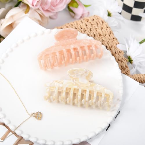 2 Pack Hair Claw Clips Women Large Tortoise Hair Clip French Design Barrettes Celluloid Leopard Print Accessories Jaw Clips for Thick Hair - color: Cream Square