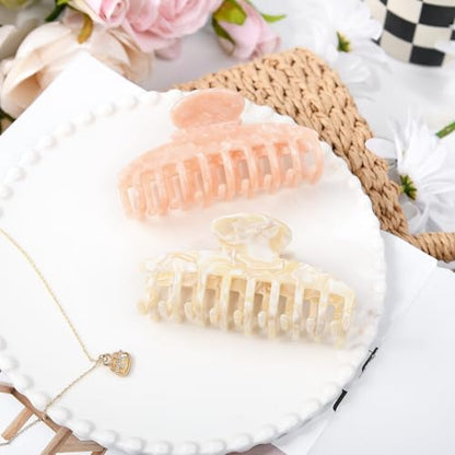 2 Pack Hair Claw Clips Women Large Tortoise Hair Clip French Design Barrettes Celluloid Leopard Print Accessories Jaw Clips for Thick Hair - color: Cream Square