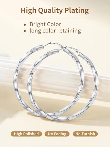 FindChic Twisted Hoop Earrings for Women, Silver/Black/14K Gold Plated Hypoallergenic Hollow Tube Rounded Loop Earrings, 30mm/40mm/60mm/80mm Hoops with Custom Name Options and Gift Box - color: b.Silver, size: 80MM