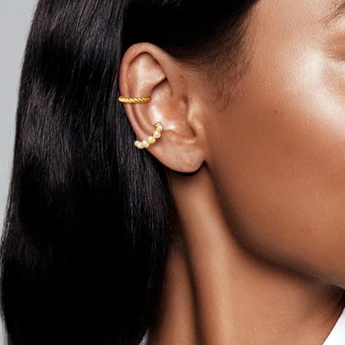 OOOPEL 3 Pairs 14K Gold Plated Ear Cuffs Non Piercing Lightweight Stackable Chunky Earring Cuff for Women Adjustable Non-Fading Fake Earrings Suitable for Christmas Gift - style: Pearl